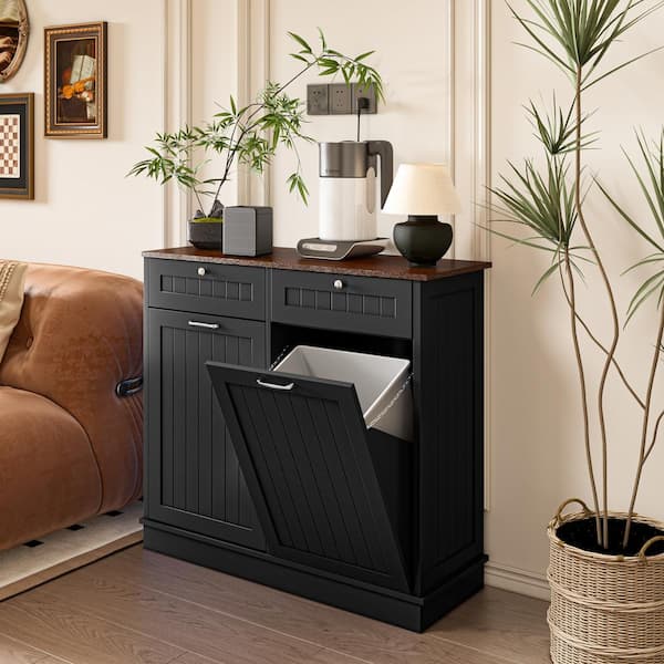 Farmhouse 40 in. W x 14 in. D x 36 in. H Ready to Assemble Cabinets Floor Trash Can Cabinet in Black with Trash Can