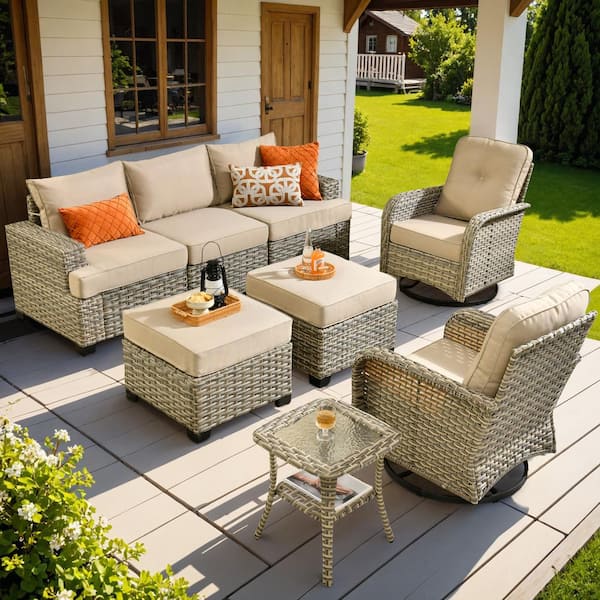 OVIOS Vinceny Gray 8-Piece Wicker Patio Conversation Seating Set with Beige Cushions and Swivel Chairs