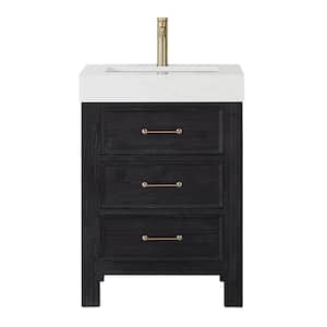 Leon 24 in. W x 22 in. D x 34 in. H Single Freestanding Bath Vanity in Fir Wood Black with White Composite Stone Top