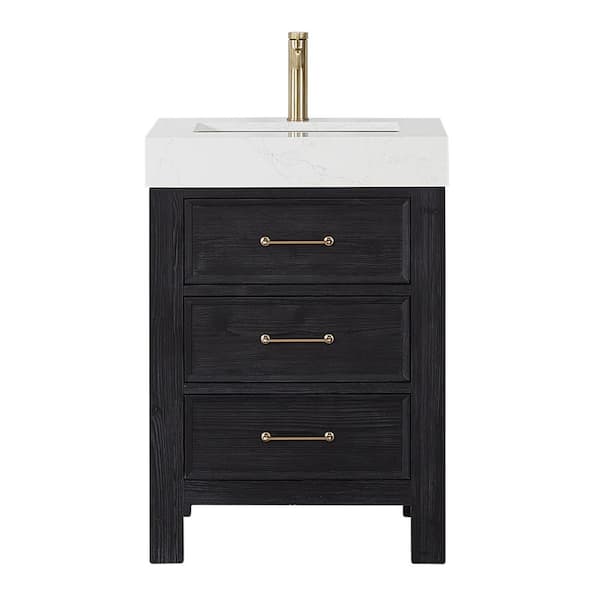 Leon 24 in. W x 22 in. D x 34 in. H Single Freestanding Bath Vanity in Fir Wood Black with White Composite Stone Top