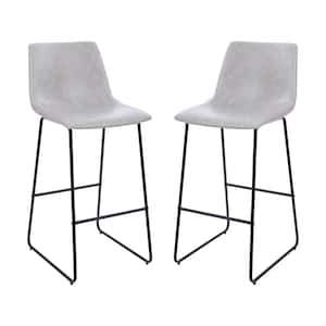 Light Gray Reagan 30 in. Leather Soft Barstools with Footrest, Modern Bucket Style Bar Height Stools (Set of 2)