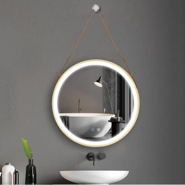 Getpro 24 in. W x 24 in. H Round Aluminum Framed Dimmable Wall Bathroom Vanity Mirror in Brushed Gold