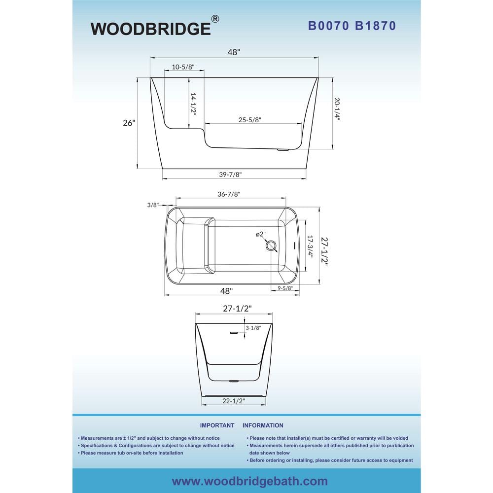 48'' White Acrylic Freestanding Rectangular Bathtub with Chrome Drain