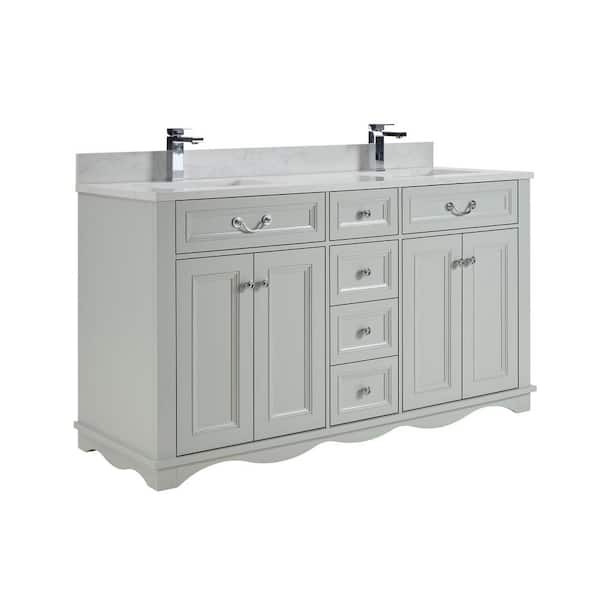 French Contemporary 60 in. Freestanding Silver Strand Bath Vanity with White Artificial Stone Top Assembled Bath Vanity