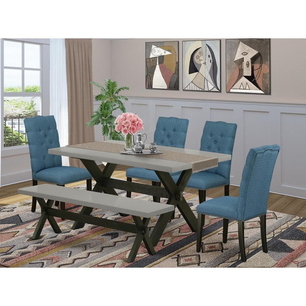 East West 6-Piece Wire Brushed Black and Mineral Blue Dining Set