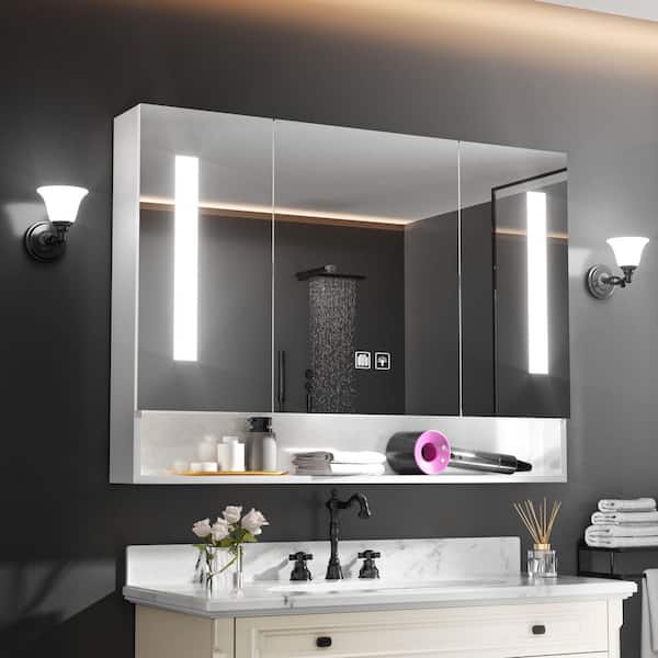 39 in. W x 28 in. H White Rectangular Aluminum Dimmable LED Light Surface Mounted Medicine Cabinet with Mirror