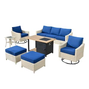 Oconee 7-Piece Wicker Patio Conversation Sofa Set with Swivel Rocking Chairs, a Storage Fire Pit and Navy Blue Cushions