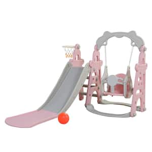 Pink 3-in-1 Kids Swing and Slide Set with Basketball Hoop for Indoor and Outdoor