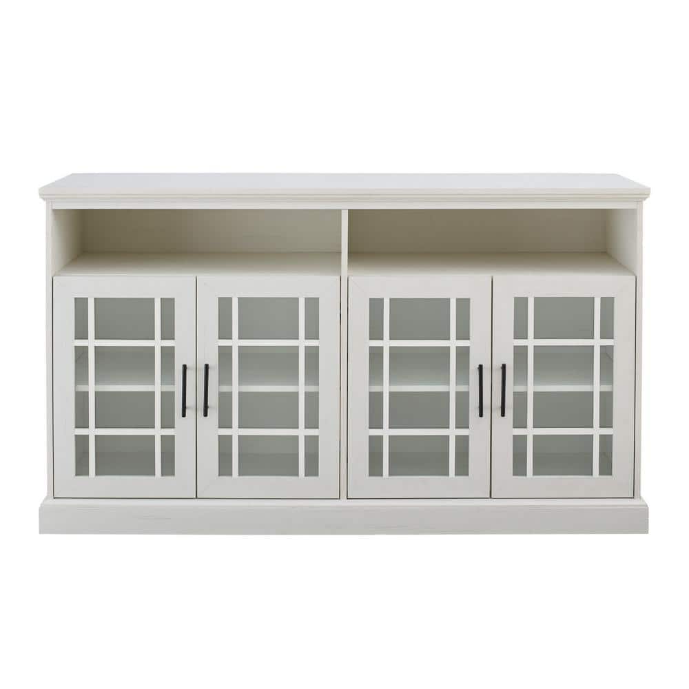 Brushed White Glass Door TV Stand with Cabinet, 58 Inch