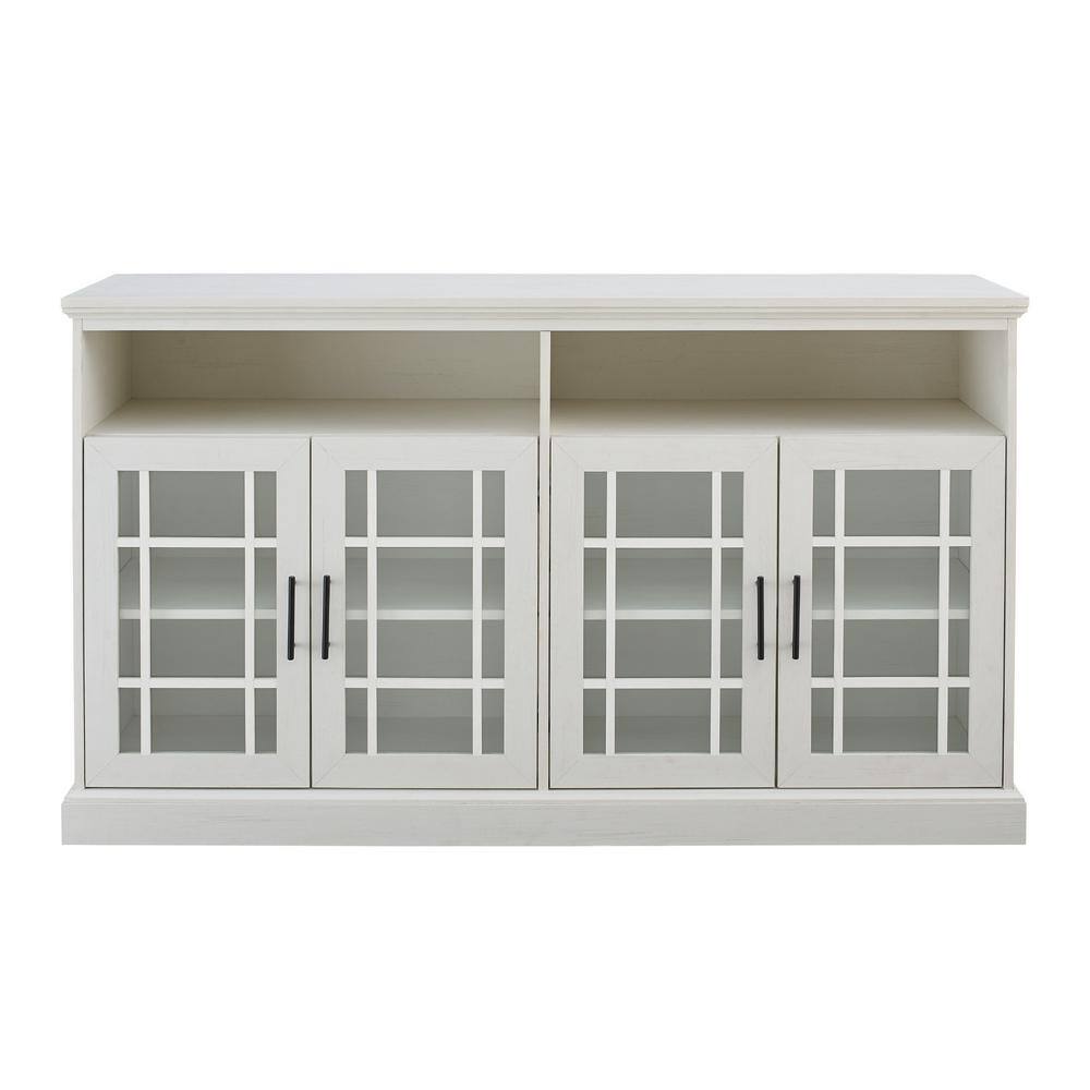 Brushed White Glass Door TV Stand with Cabinet, 58 Inch