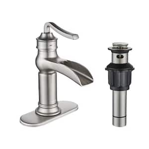 Single-Handle Single Hole Bathroom Faucet with Deck Plate Included in Brushed Nickel