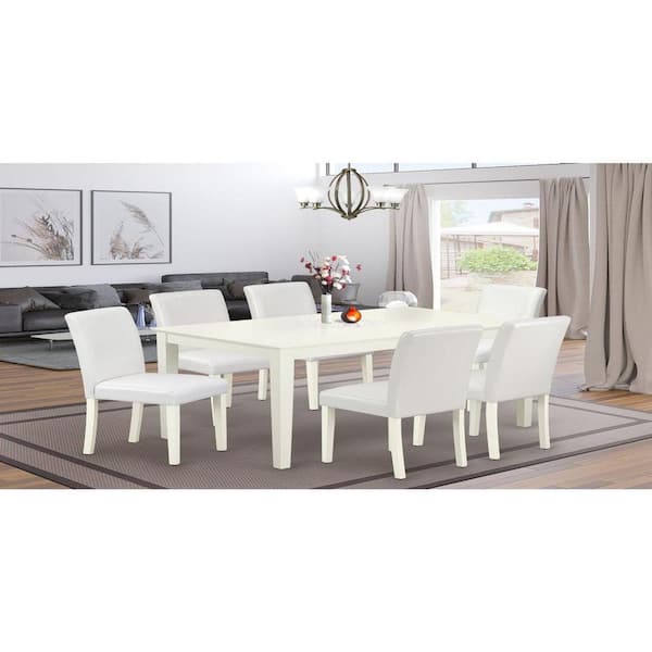 East West Furniture 7-Piece Rectangle Linen White Finish Solid Wood Top Dining Table with 6 Parson-Chairs with Lattice Back