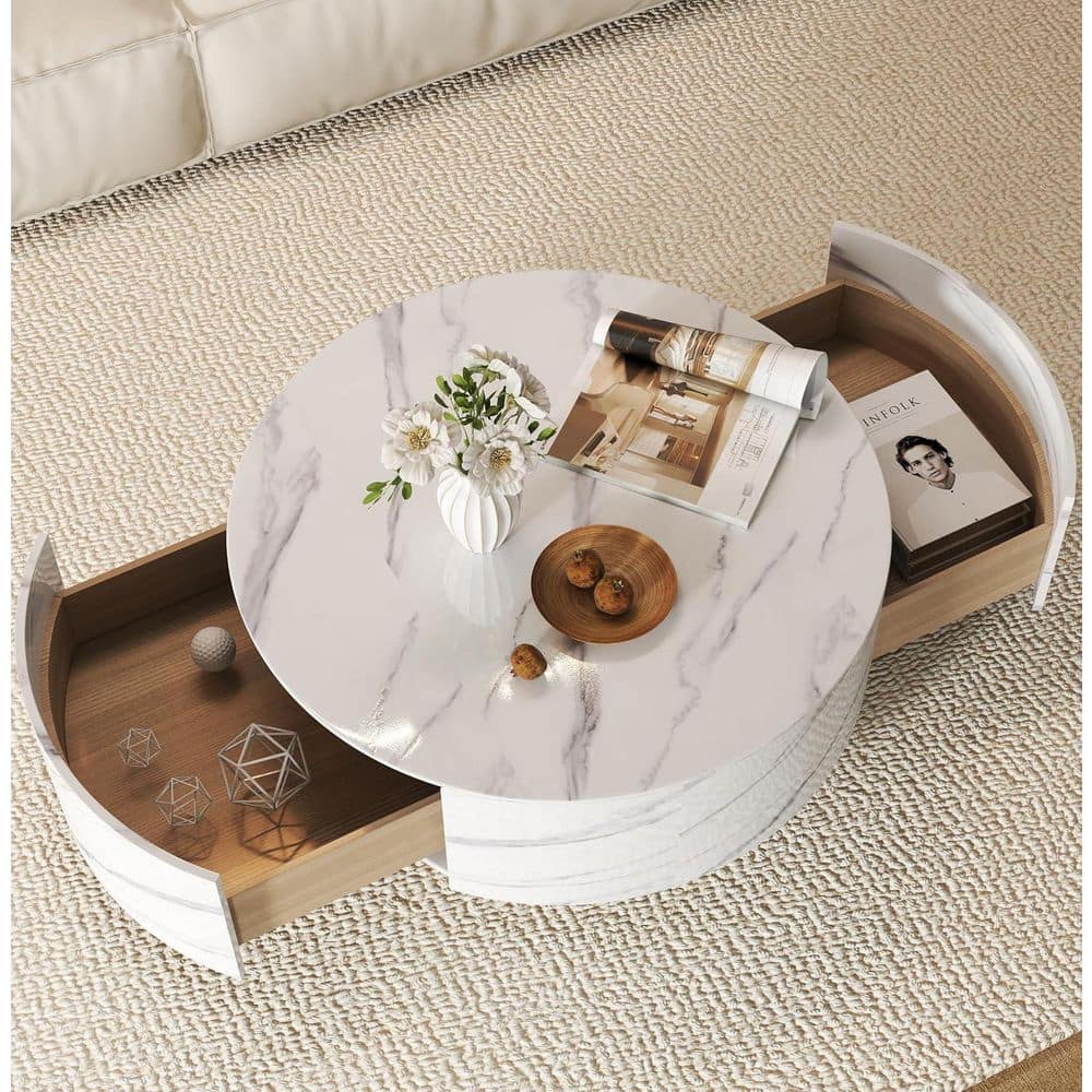 33 in. White Round Storage Sintered Stone Drum Coffee Table Center Table with 2 Drawers for Apartment, Fully Assembled