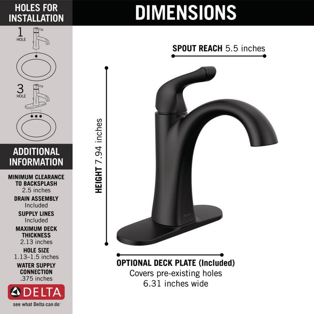 Matte Black Single Handle Bathroom Faucet with Drain Assembly