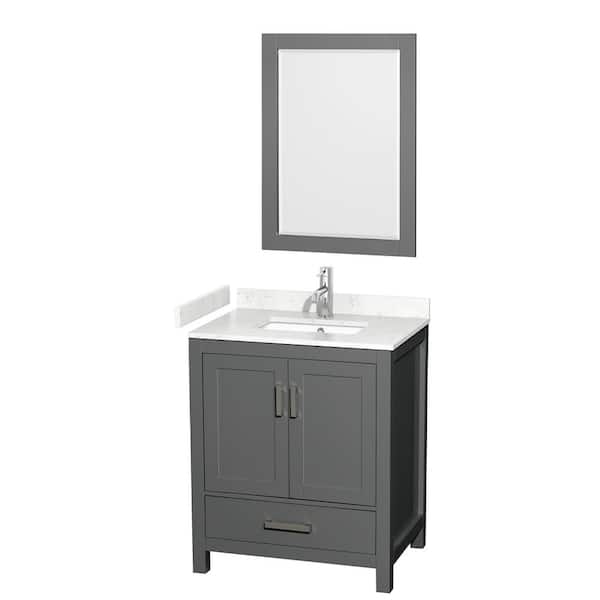 Wyndham Collection Sheffield 30 in. W x 22 in. D x 35 in. H Single Bath Vanity in Dark Gray with Carrara Cultured Marble Top & 24" Mirror