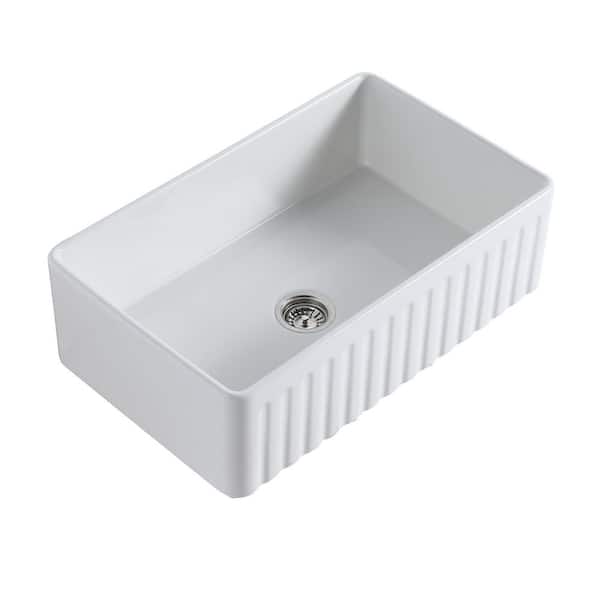 JimsMaison 33 in. Single Bowl White Ceramic Farmhouse Apron Kitchen Sink with Bottom Grid