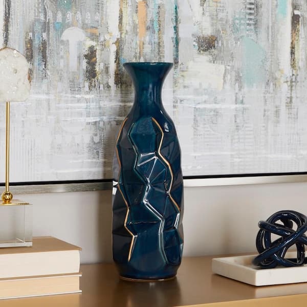 Litton Lane Blue Faceted Ceramic Decorative Vase with Gold Accents