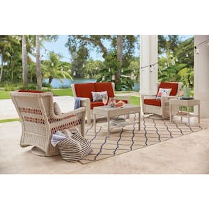 Park Meadows Off-White Wicker Outdoor Patio Swivel Rocking Lounge Chair with CushionGuard Quarry Red Cushions