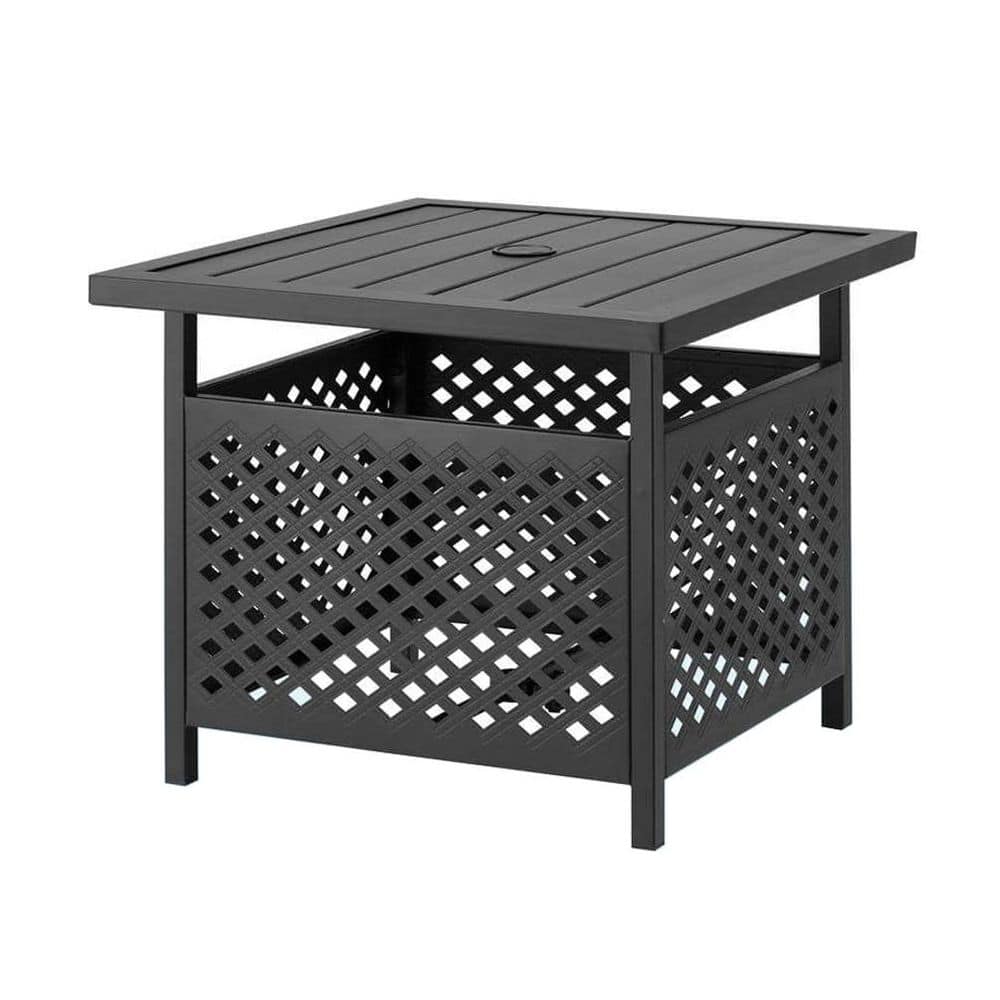 Black Square Metal Outdoor Side Table with 1.57 in. Umbrella Hole