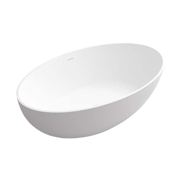 66.90 in. x 39.40 in. Flat Bottom Solid Surface Freestanding Soaking Bathtub with Center Drain in Matte White