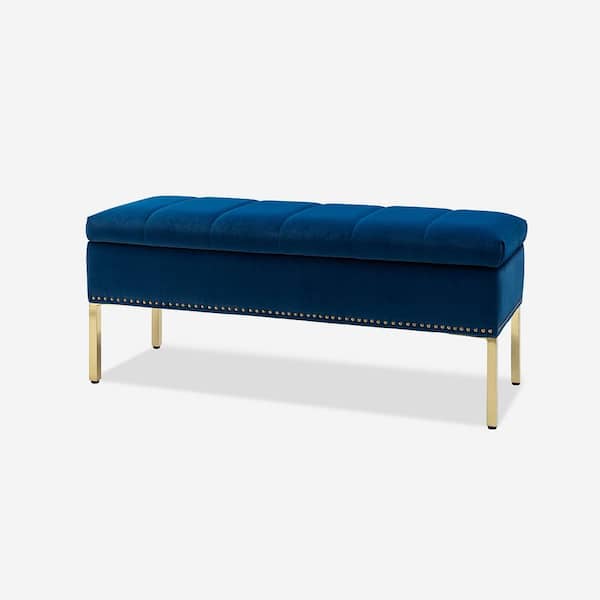 JAYDEN CREATION Eduard Navy 46.5 in. W Upholstered Flip Top Storage Bench with Nailhead Trim and Metal Legs