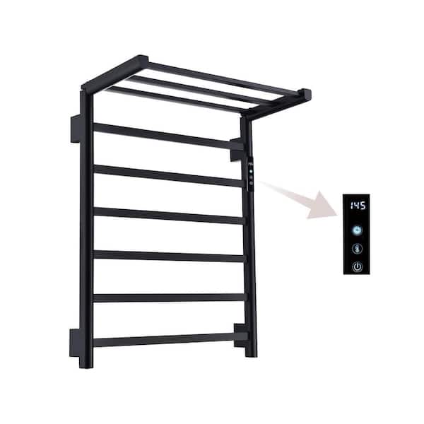 9-Bar Plug-In/Hardwired Wall Mounted Electric Towel Warmer Rack in Matte Black with Three Foldable Bars