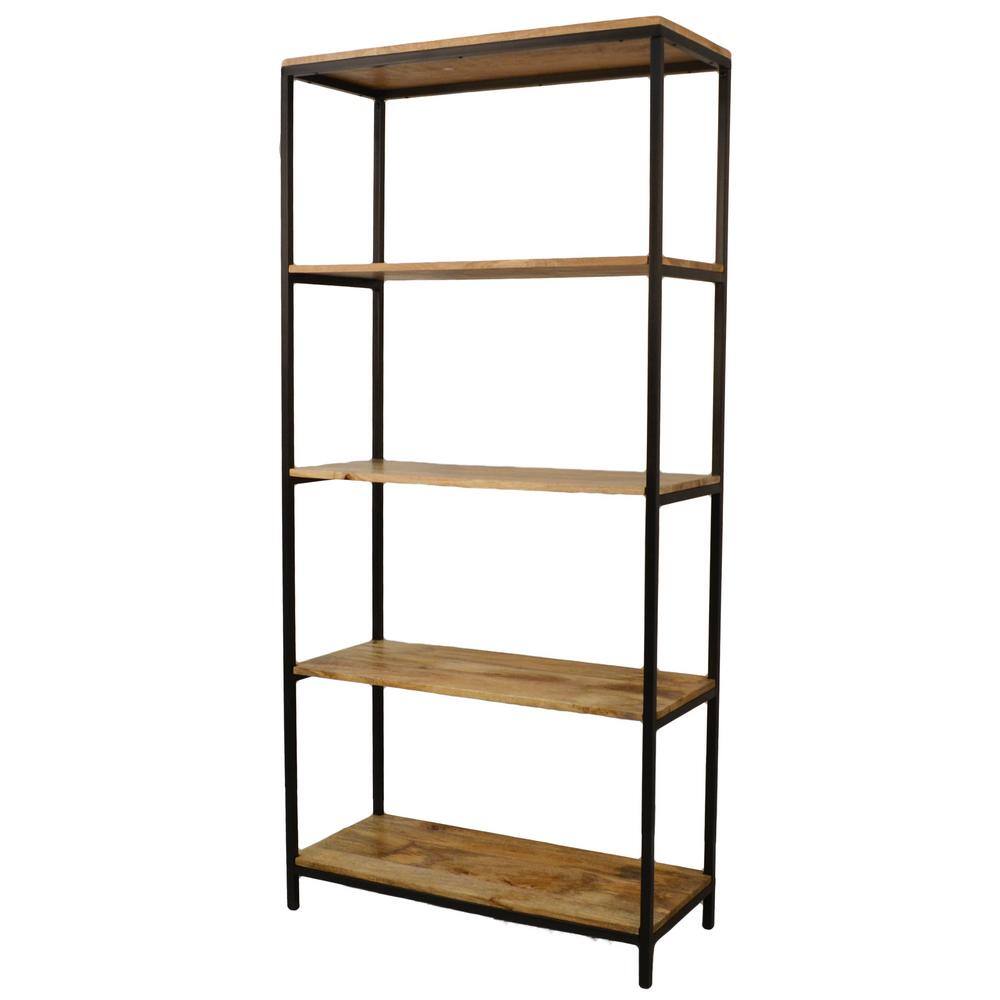 72" Natural Mango Wood and Black Metal Tall Bookcase