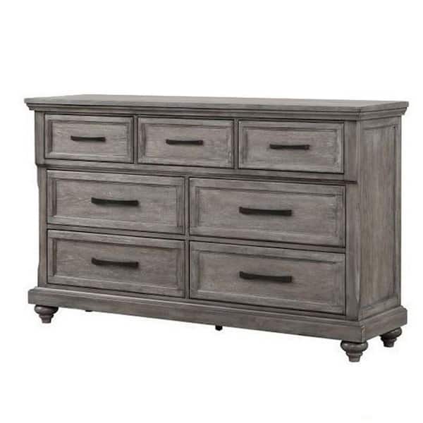 Benjara 18 in. Gray Oak and Silver 7-Drawer Wooden Dresser Without Mirror