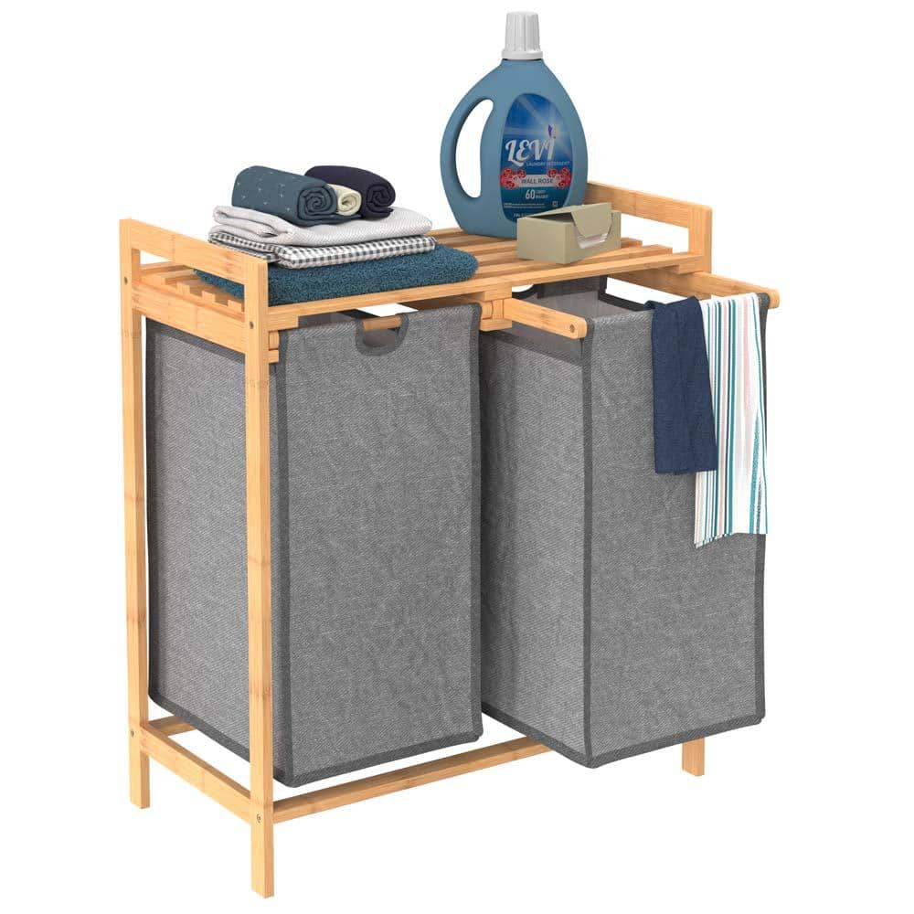 Natural Bamboo Dual Compartment Laundry Sorter with Gray Bags