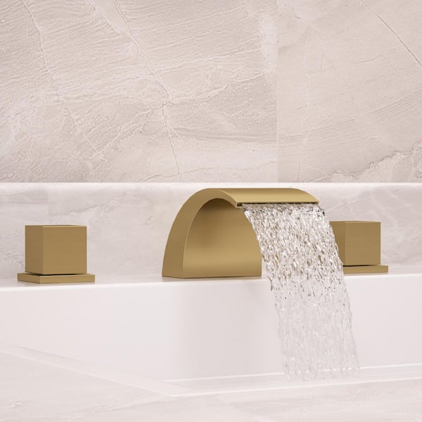 Modern Widespread 2-Handle Waterfall Bathroom Sink Faucet 3-Hole with Pop-Up Drain in Brushed Gold