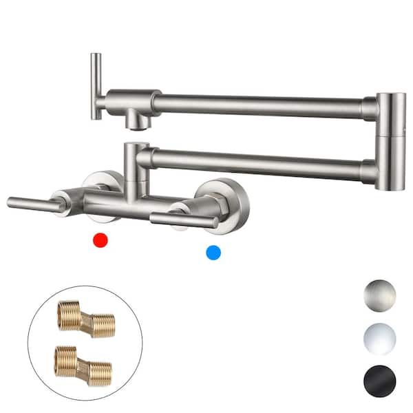 WOWOW Wall Mounted Pot Filler with Hot Cold Water Control Double Joint Swing Arm in Chrome, Brushed Nickel