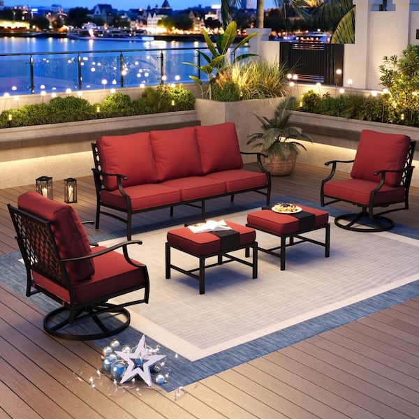 PHI VILLA Black 5-Piece Metal Meshed 7-Seat Outdoor Patio Conversation Set with Red Cushions 2 Swivel Chairs and 2 Ottomans