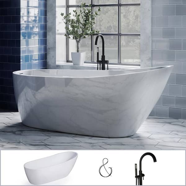 PELHAM & WHITE W-I-D-E Series Wakefield 69 in. Acrylic Slipper Freestanding Tub in White, Floor-Mount Single-Post Faucet inMatte Black