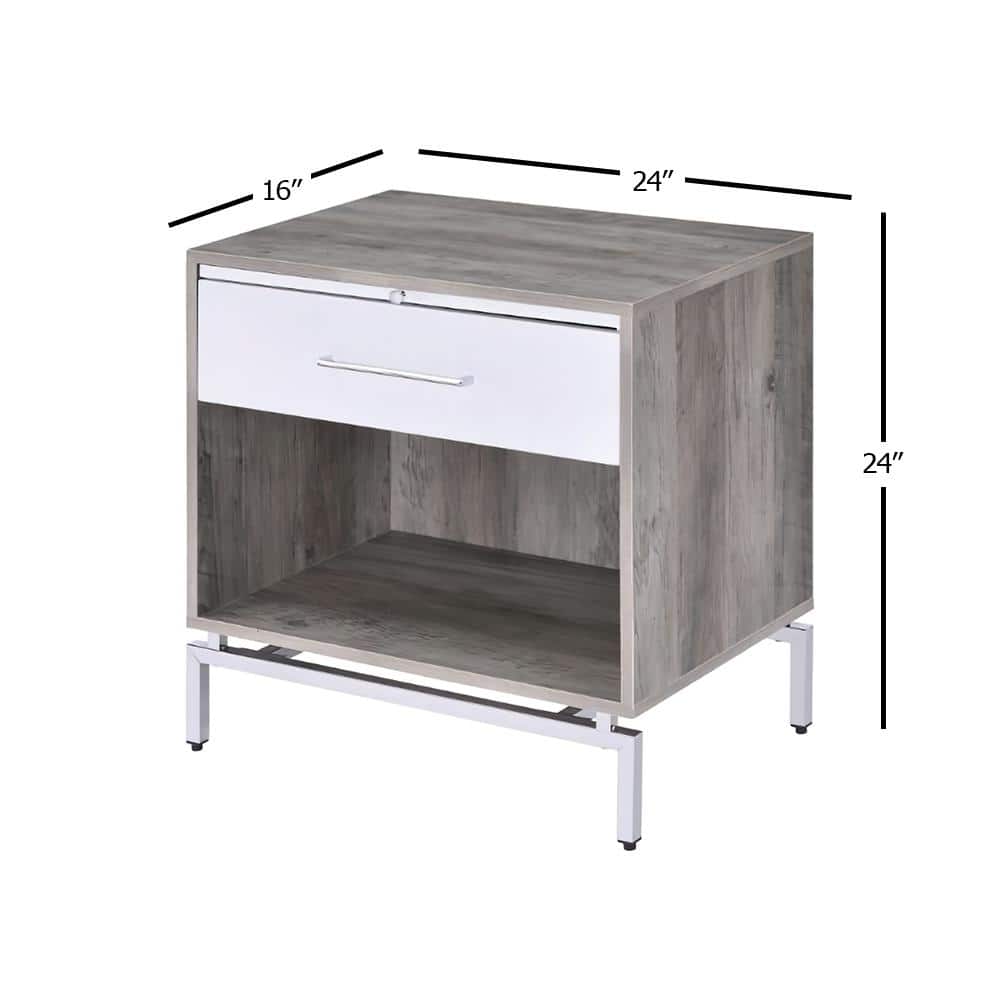 Weathered Gray Oak & White Metal Accent Table with Storage