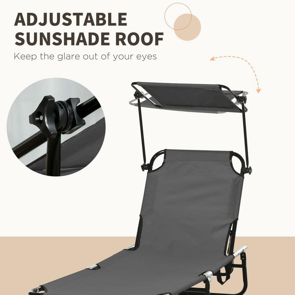 Gray Metal Outdoor Folding Chaise Lounge Set with Sunshade