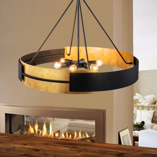 Rennnsan Natividad 6-Light Matte Black Industrial Luxe Chandelier with Aged Brass Leaf Accent