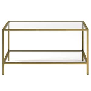Sivil 32 in. Brass Square Glass Top Coffee Table with Shelf
