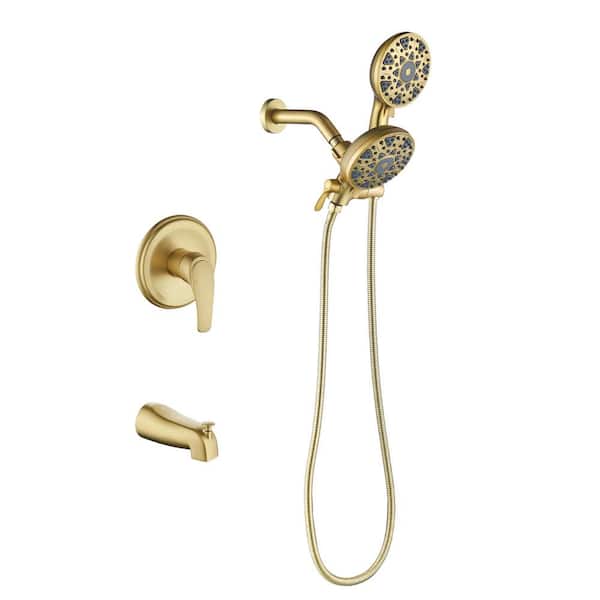 FORCLOVER Single Handle 6-Spray Tub and Shower Faucet 2.5 GPM with Dual Shower Head in. Brushed Gold Valve Included