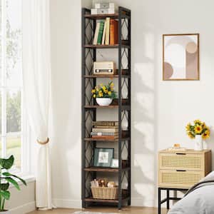 Jannelly 79 in. Rustic Brown 7-Shelf Narrow Bookcase with Metal Frame, Corner Etagere Bookshelf for Home Office