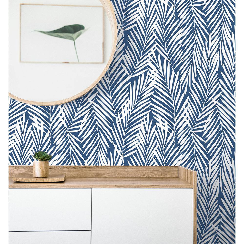 Coastal Blue Palm Leaf Peel and Stick Vinyl Wallpaper Roll