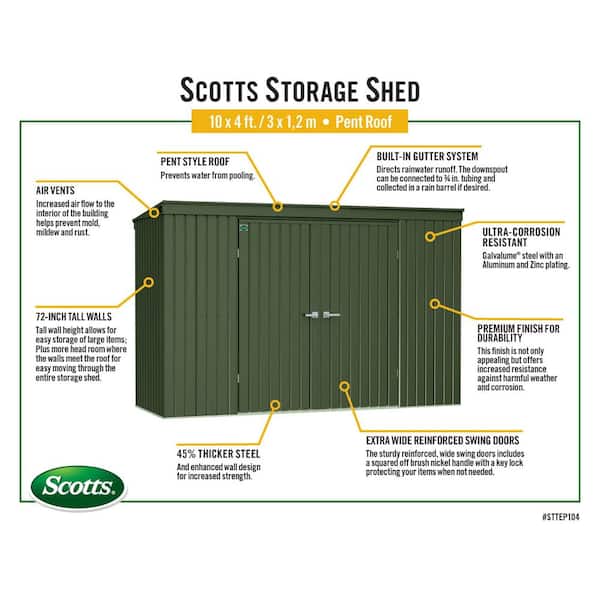 Scotts Garden Storage Shed 10 ft. W x 4 ft. D x 6 ft. H Metal Shed