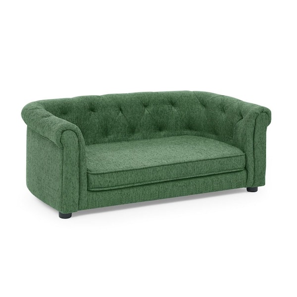 Large Green Pet Beds with Arc-Shaped Backrest and Armrests, Breathable Linen Contemporary Rectangular Pet Sofa