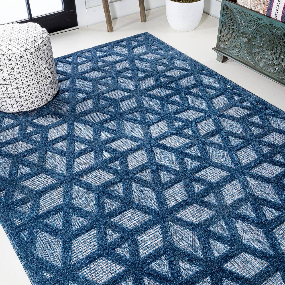 Navy Geometric Synthetic Reversible Rectangular Area Rug 63" x 8.7"