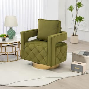 Modern Olive Green Velvet Swivel Upholstered Barrel Chair with Golden Base
