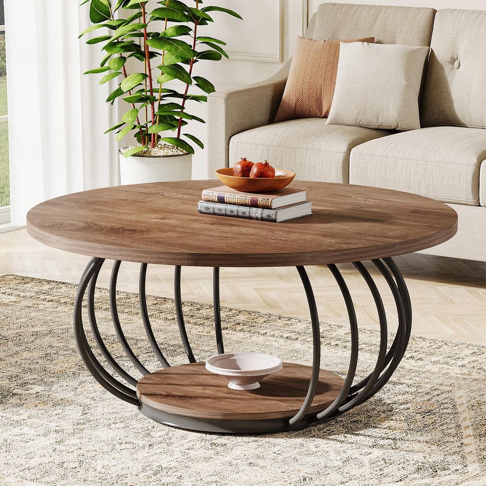BYBLIGHT Kerlin 39 in. Brown Round Wood Coffee Table with Storage Shelf ...