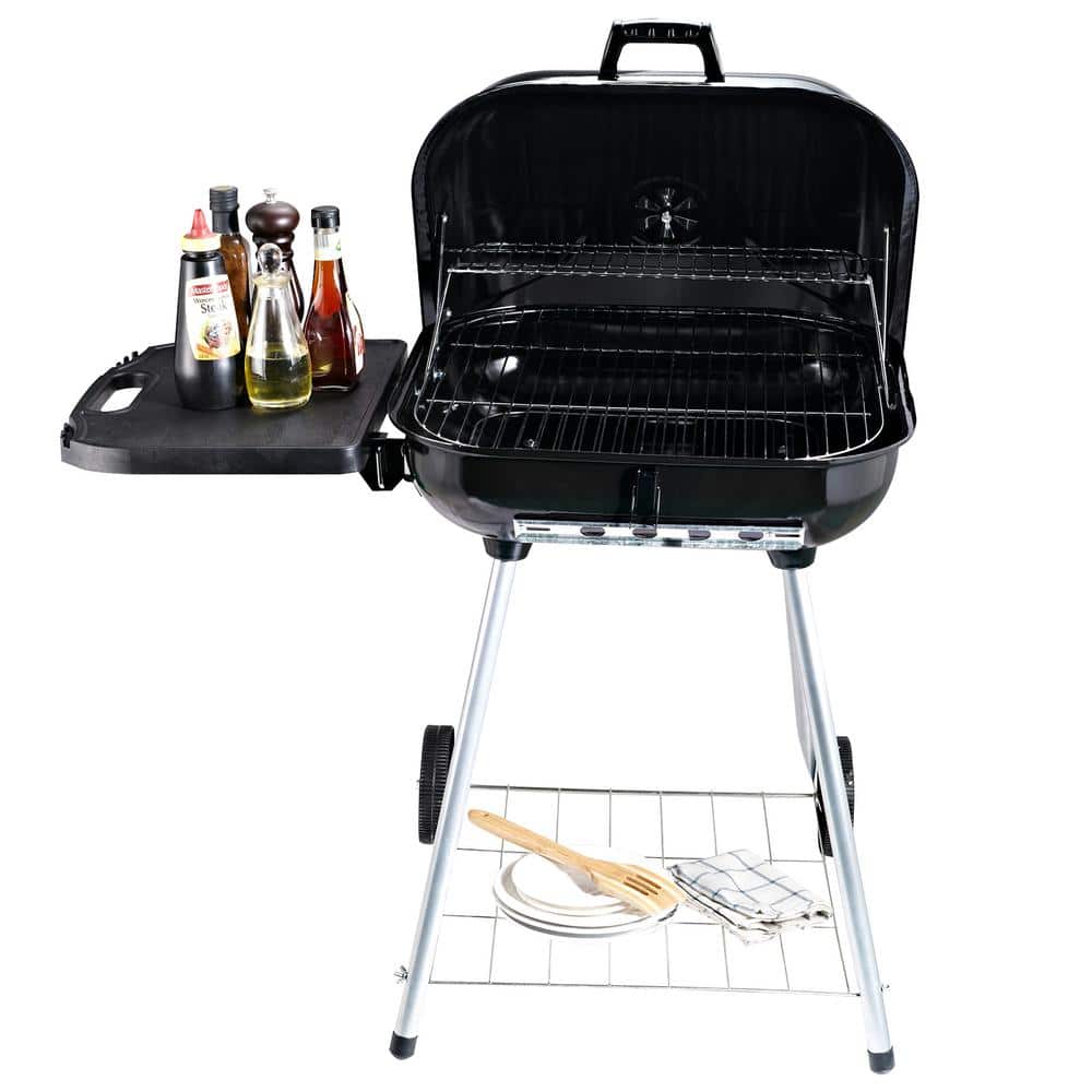 Portable Black Charcoal Grill with Smoker and Shelves