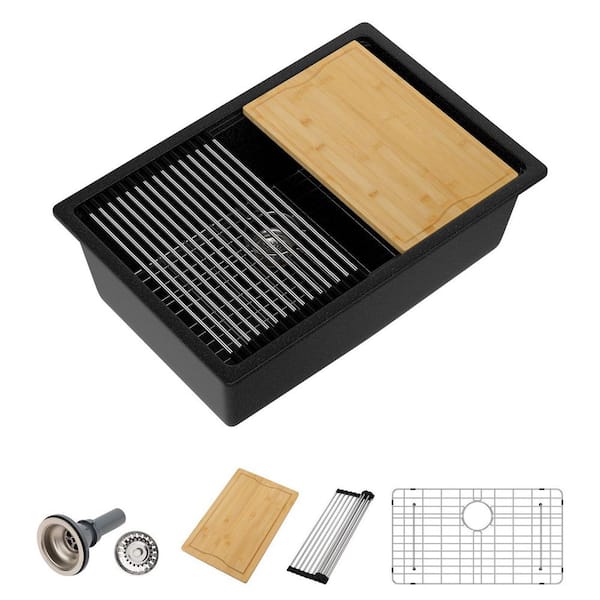 28 in. Workstation Matte Black Undermount Granite Composite Sink, Single Bowl, Modern Ledge Design With Accessories