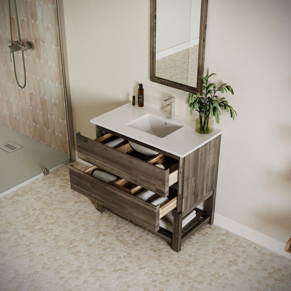 Elegant Acacia Wood 36" Vanity with Quartz Top and Open Shelf