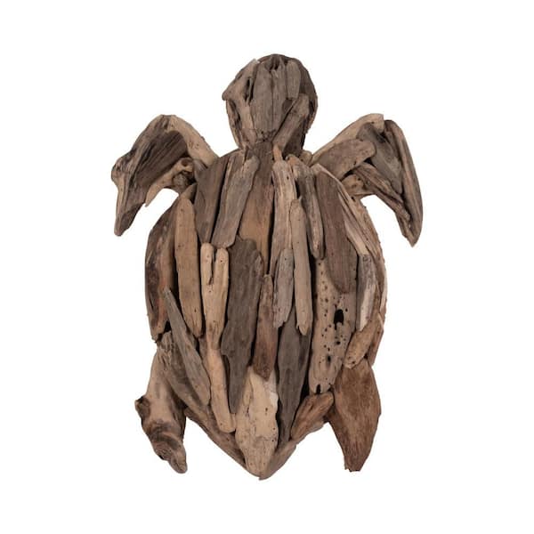 Brown 16 in. x 3 in. Driftwood Coastal Turtle Figurine Handcrafted Sculpture