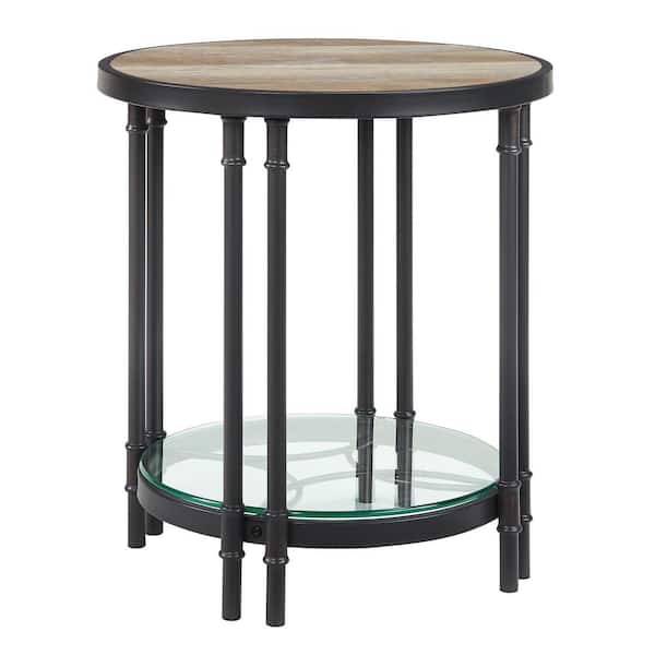 Acme Furniture Brantley Velvet in. Oak and Sandy Black Round Wood End Table with Shelf and Tempered Glass